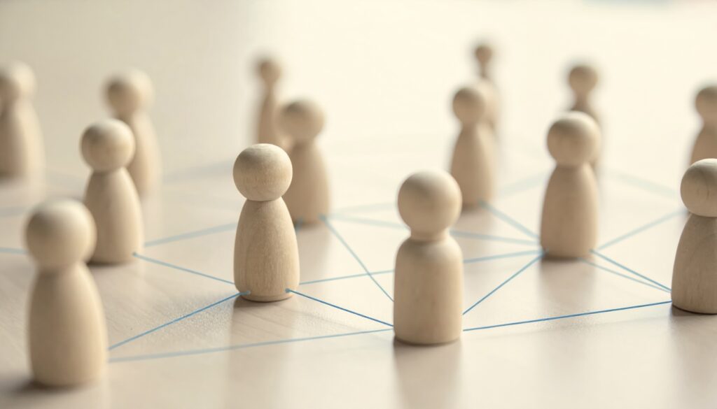 Representanten in een familieopstelling die in stilte opgesteld staan in een ruimte als beeld van het wetende veld en systemische dynamieken